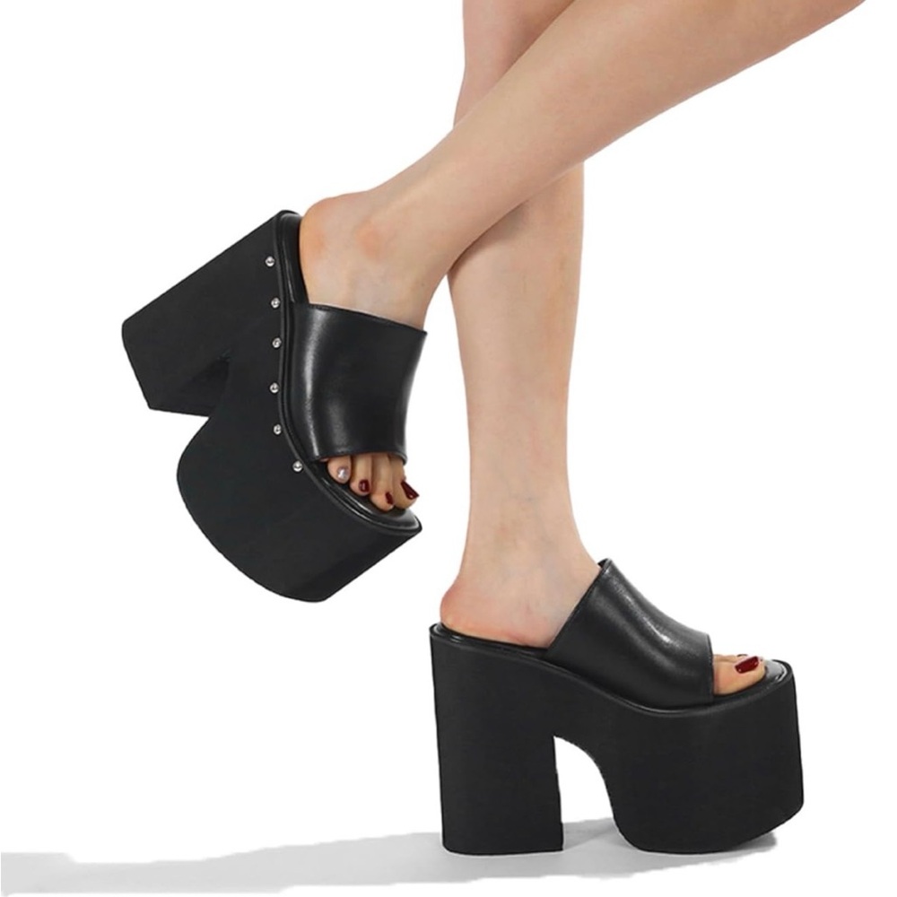 Black Platform Slide Mules - Women Size 9 Chinese Size 41 - Picture 2 of 13